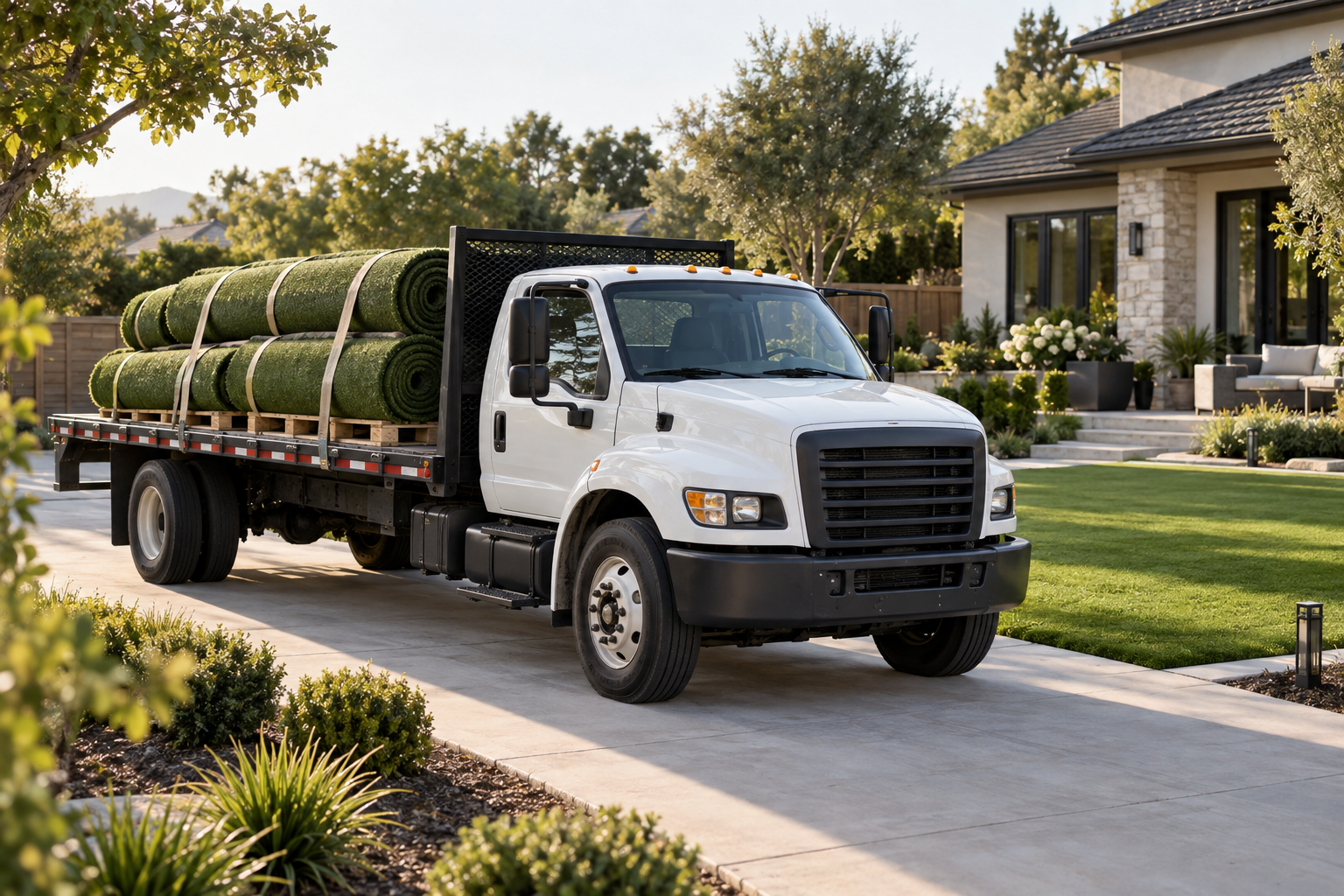 Turf delivery truck at a residential job